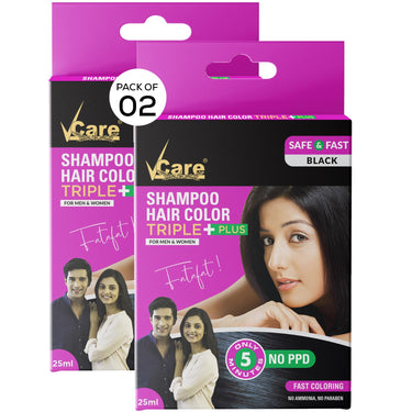 Vcare Shampoo Hair Color, Black, 25ml-Colors and deeply nourishes your hair-Enriched with growth factors & antioxidants, Ammonia-free, Sulphate free (Pack of 2)